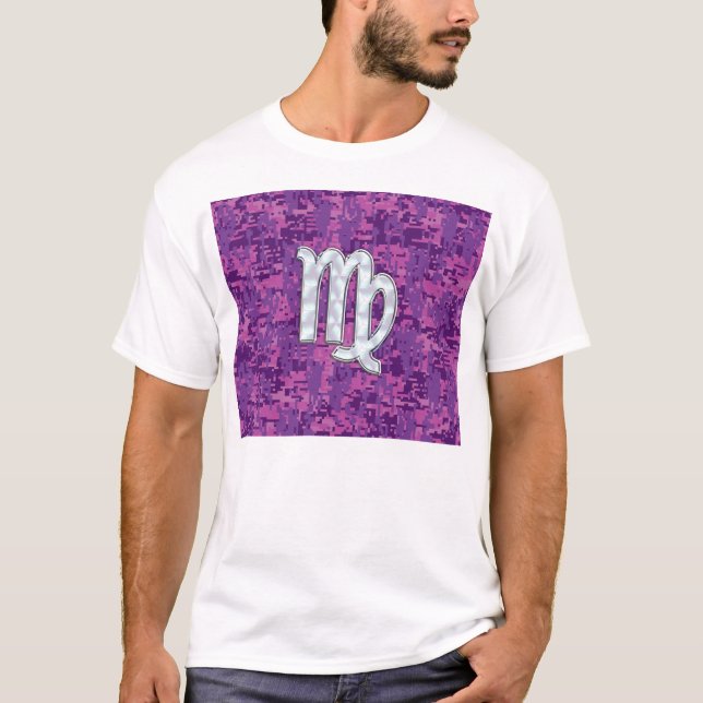 Camiseta Símbolo Virgo Zodiac na Camuflagem Digital Rosa (Frente)