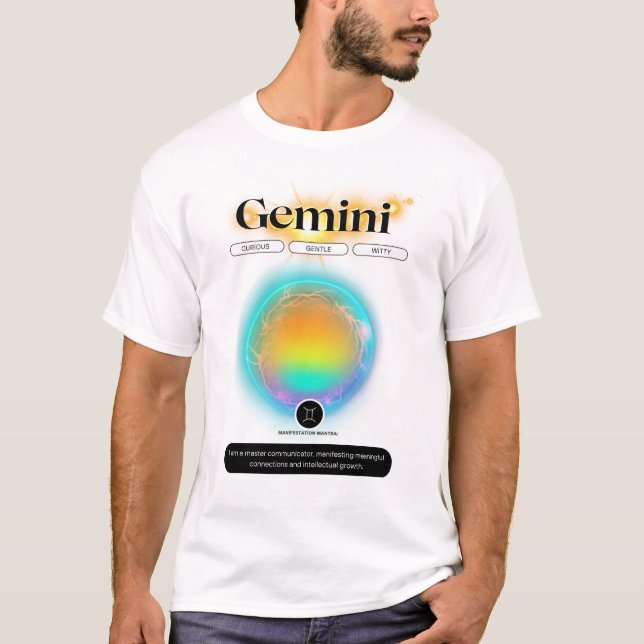Camiseta Símbolo Zodiac Moderno Gemini Cita Elemento Ar (Frente)