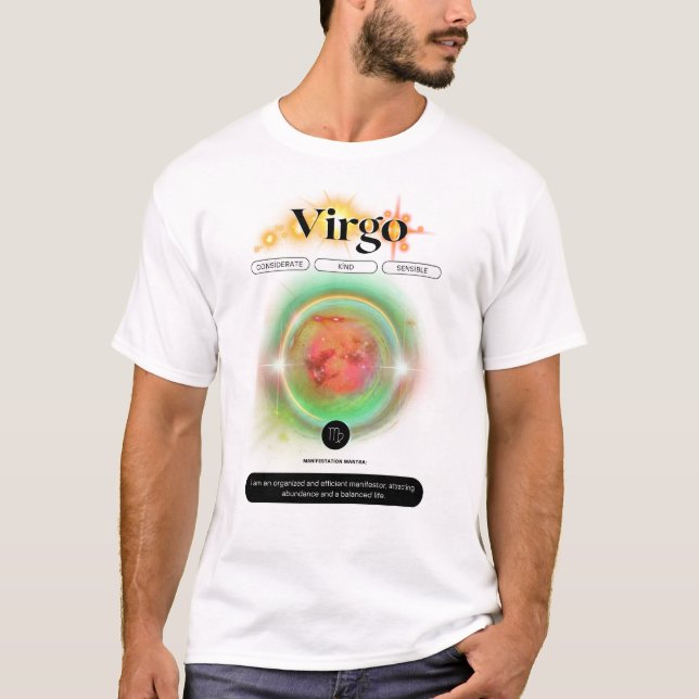 Camiseta Símbolo Zodiano Moderno Virgo Citação Elemento da  (Frente)