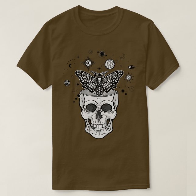 Camiseta Símbolos cósmicos da cabeça do Morto do crânio hum (Frente do Design)