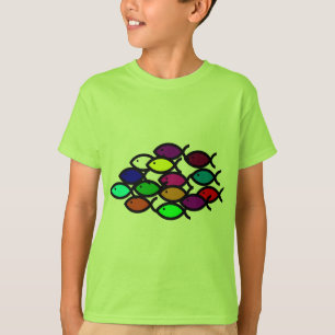 Camiseta Símbolos cristãos dos peixes - escola do arco-í