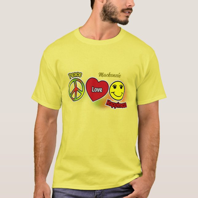 Camiseta Símbolos da Felicidade do Amor de Paz com Nome AMA (Frente)