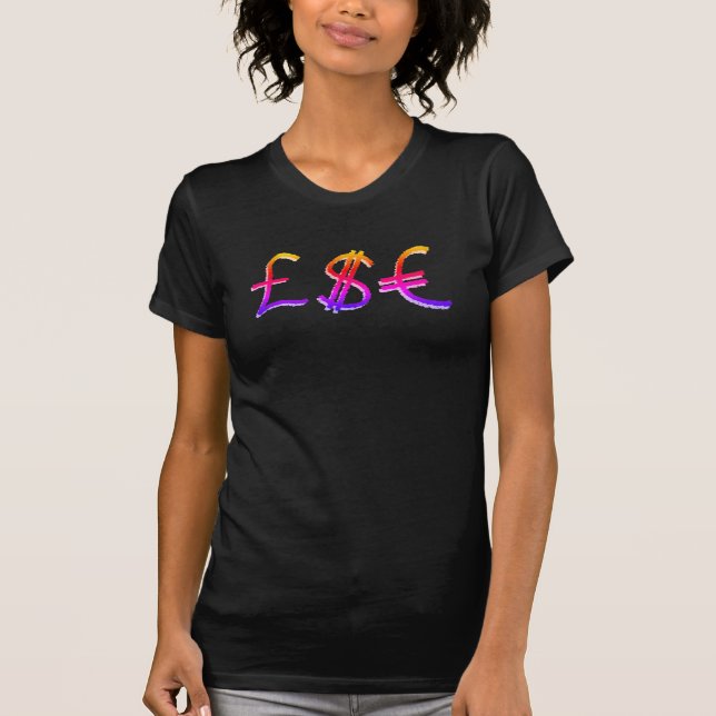 Camiseta Símbolos de moeda financeira. Dólares Libras e Eur (Frente)