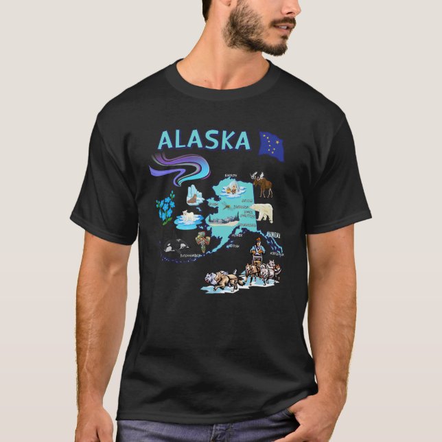 Camiseta Símbolos do Mapa Estatal do Alasca Grandes Cidades (Frente)
