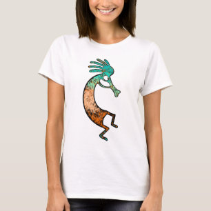Camiseta Simples desenho de Kokopelli em laranja e azul