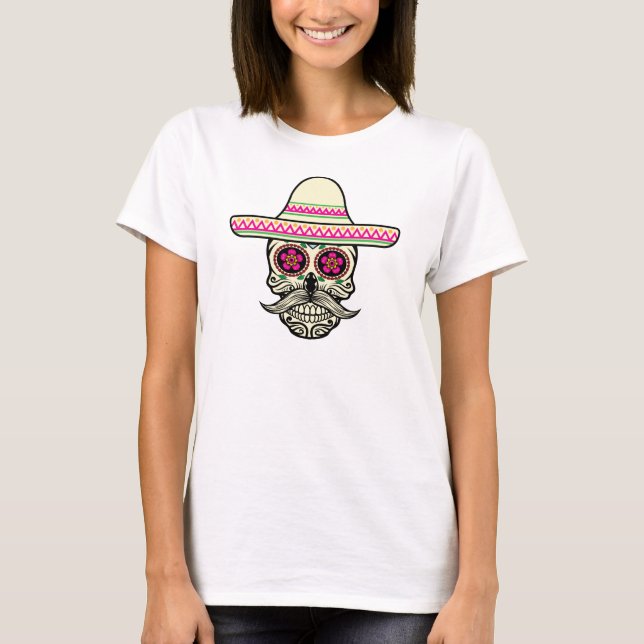 Camiseta Simples Dia de Muertos Skull com dieta de Maternid (Frente)