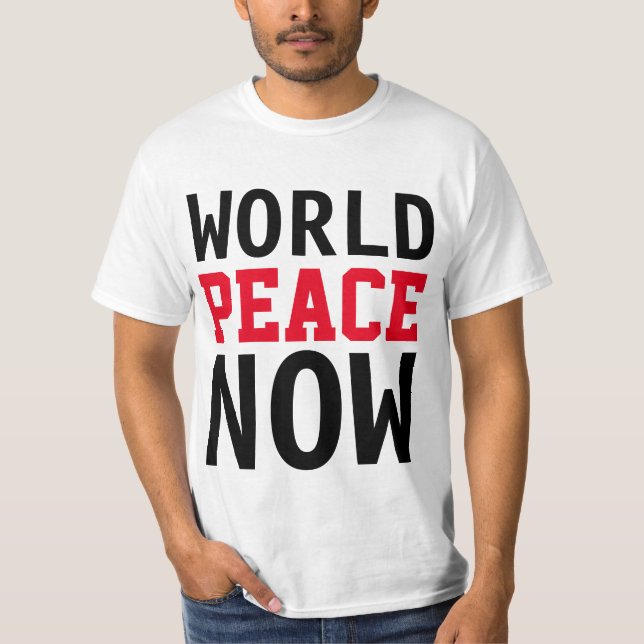 Camiseta Simplesmente design de texto "PAZ MUNDIAL AGORA" (Frente)
