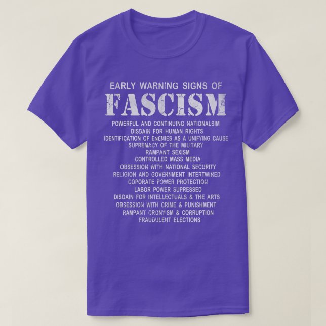 Camiseta Sinais De Alerta Precoce De Fascismo (Frente do Design)