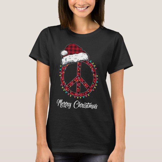 Camiseta Sinais de paz da Xadrez vermelha Luzes de Natal Hi (Frente)