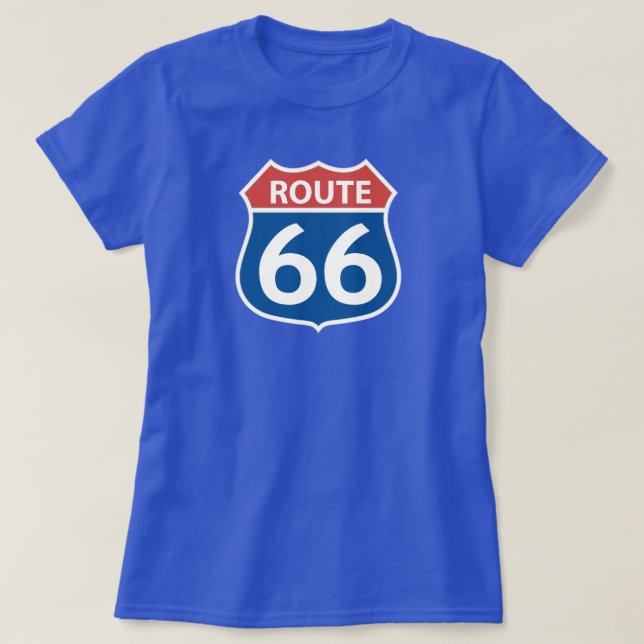 Camiseta Sinal azul-branco vermelho feminino ROUTE 66 Road  (Frente do Design)