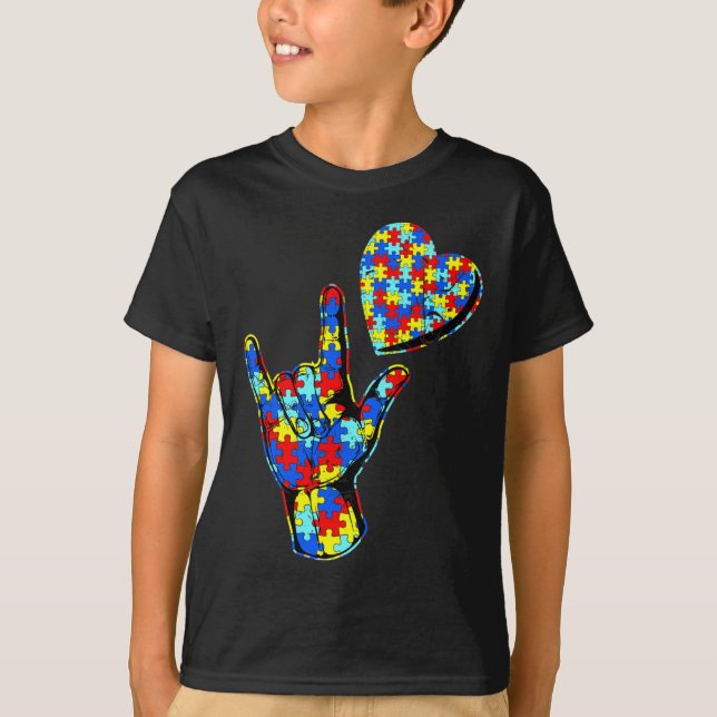 Camiseta Sinal de Amor Linguagem Autismo Quebra-cabeça Kin (Frente)