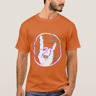 Camiseta Sinal de Glitch de Chifres Sinal de Mão Rock e Met