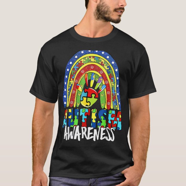 Camiseta Sinal de Mão Conscientização do Autismo Arco-íris  (Frente)