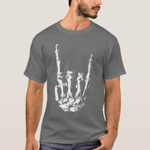 Camiseta Sinal de Mão de Esqueleto Rock On no Halloween Roc