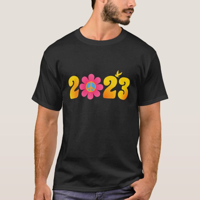 Camiseta Sinal de Paz 2023 Feliz ano novo 60S 70S Tie Dy (Frente)
