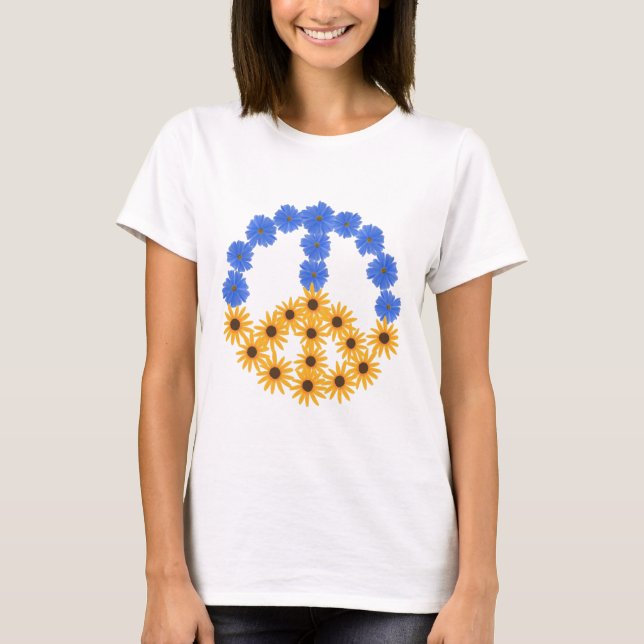 Camiseta Sinal de Paz Amarelo Girassóis Azuis Cosmos Flores (Frente)