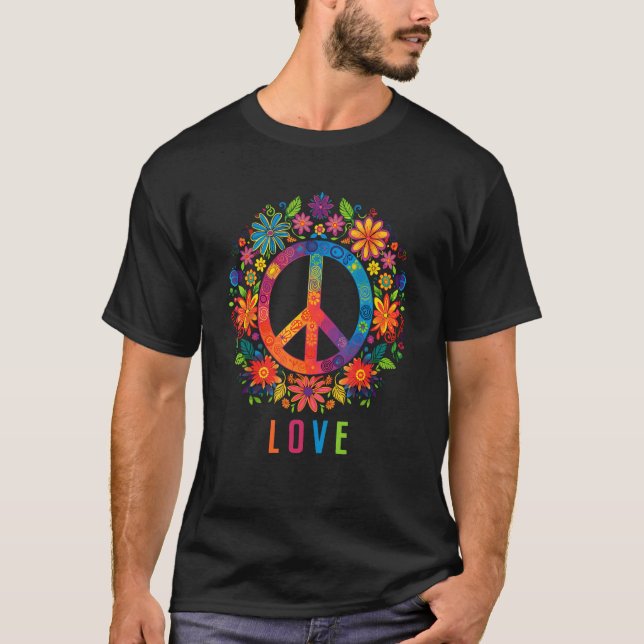 Camiseta Sinal de Paz Amor 60 anos 70 Costume Hippie Flower (Frente)