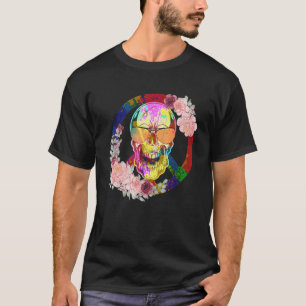 Camiseta Sinal de Paz Amor Crânio Colorido de Hippie dos an