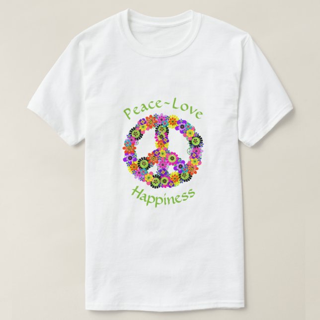 Camiseta Sinal de Paz Amor e Felicidade em Branco (Frente do Design)