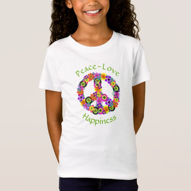 Camiseta Sinal de Paz Amor e Felicidade em Branco (Frente)