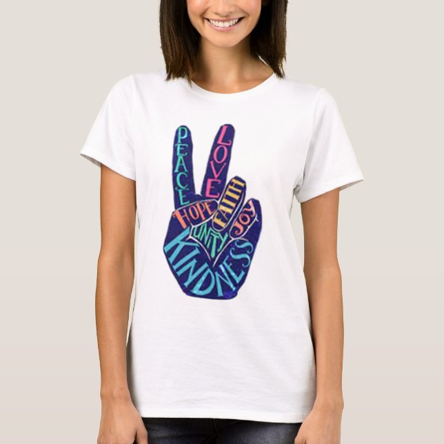 Camiseta Sinal de Paz Amor Fé Humanidade Joy Bondade Espera (Frente)