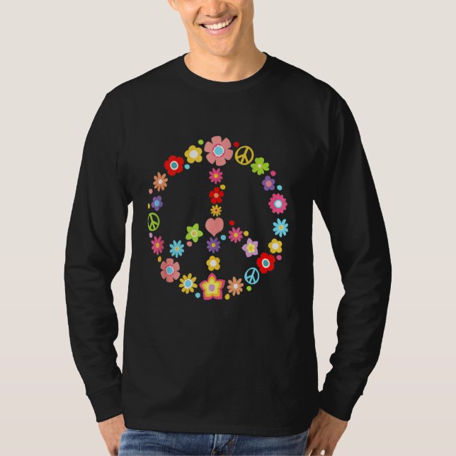 Camiseta Sinal de Paz Amor Flor 60s 70s Costume de Hippie (Frente)
