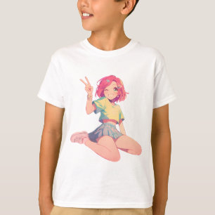 Camiseta Sinal de Paz Anime – Menina Anime de Cabelo Rosa C