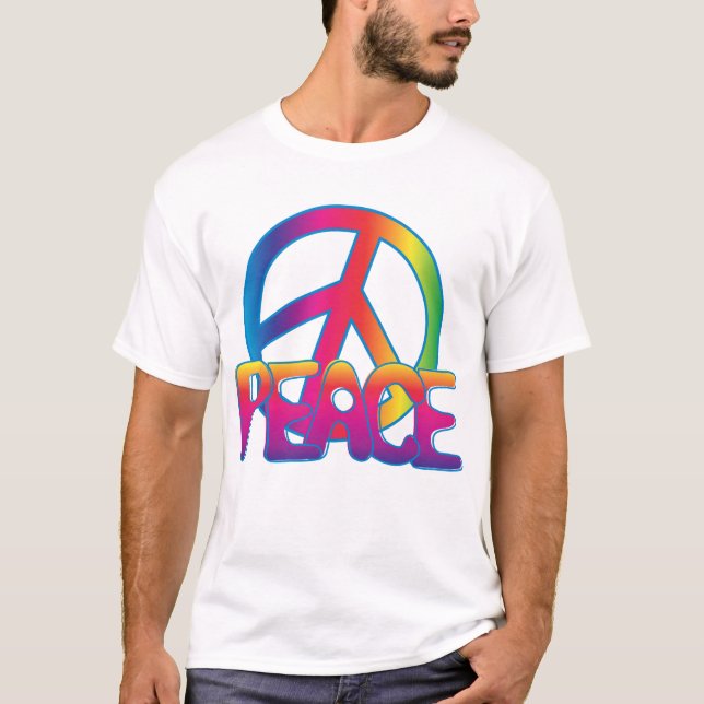 Camiseta Sinal de Paz Arco-íris Retro Hippie (Frente)