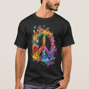 Camiseta Sinal de paz colorido floresce a paz mundo da pomb