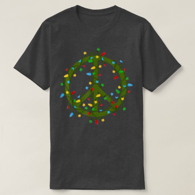 Camiseta Sinal de Paz das Luzes de Natal Retro Hippie Happy (Frente do Design)
