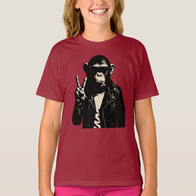 Camiseta Sinal de Paz de Chimp Rebel em Couro (Frente)