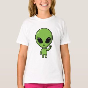 Camiseta Sinal de Paz de Crianças de Alien Verde Chibi