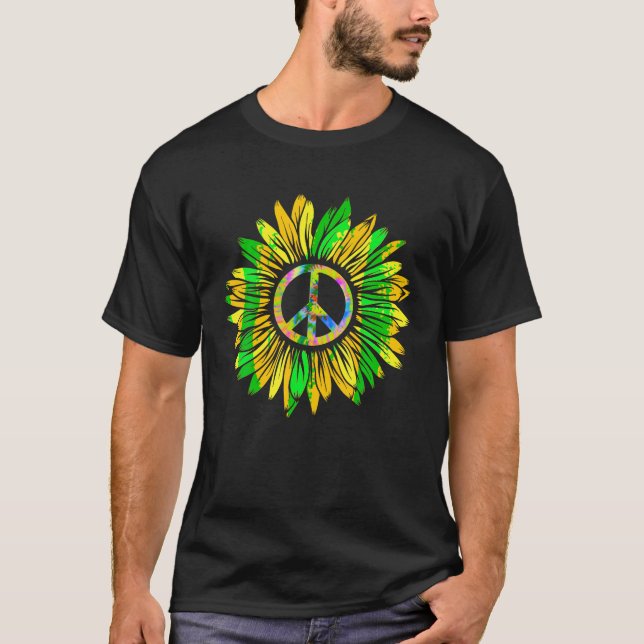 Camiseta Sinal de Paz de Girassol 60s 70s Tie Dye Hippie T  (Frente)
