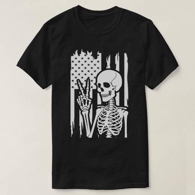 Camiseta Sinal de paz esqueleto com bandeira americana desa (Frente do Design)
