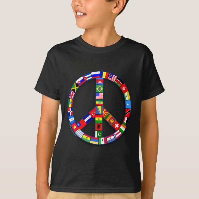 Camiseta Sinal de paz feito de t-shirt das bandeiras, (Frente)