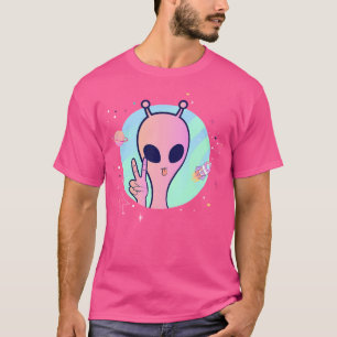 Camiseta Sinal de Paz Planeta Mão Estrelas Ufo Legal Rosa T