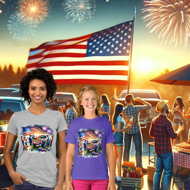 Camiseta Sinalizador Personalizado de Tabuleiro de Fio de C (Tailgate Time Fireworks and American Flag 2 T-Shirts)
