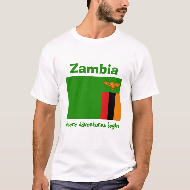 Camiseta Sinalizador Zâmbia + Mapa + T-Shirt de Texto (Frente)