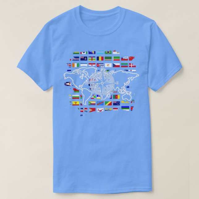 Camiseta Sinalizadores Sobrevoam o Mapa Mundial de Compasso (Frente do Design)