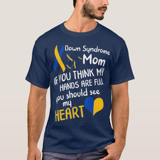 Camiseta Síndrome de Down Mãe Consciência Amor Azul Amarelo (Frente)