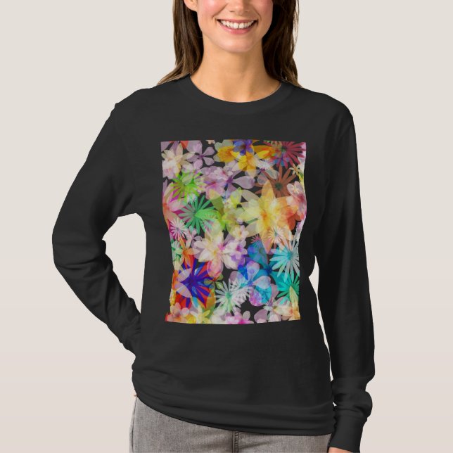 Camiseta Sinfonia Floral de Cores Aquáticas Vibrantes (Frente)