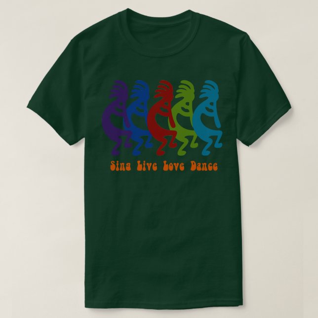 Camiseta Sing Live Love Dance Tribal Kokopelli (Frente do Design)