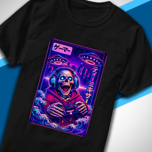 Camiseta Síntese Japonesa de Sci-Fi OVNI Esqueleto Gamer Le