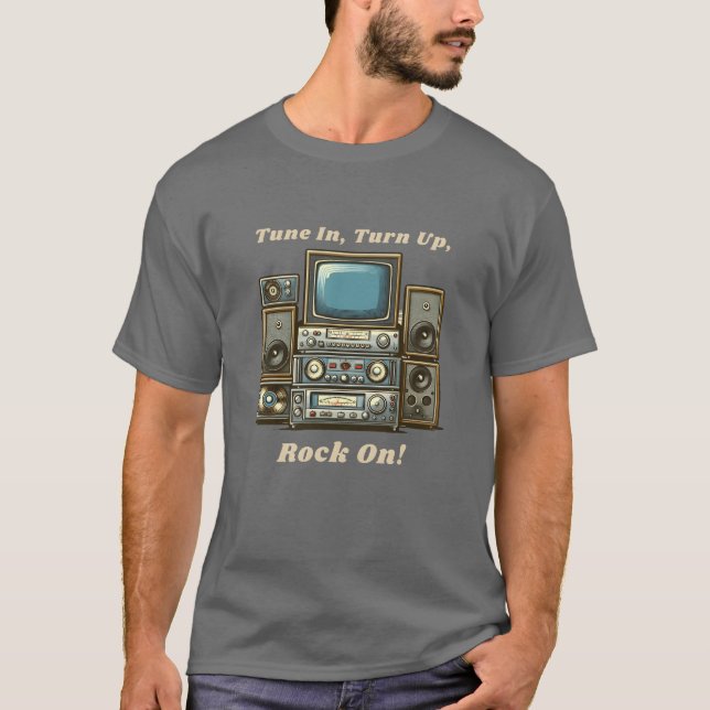 Camiseta Sintonize e aumente o Rock em vintage (Frente)