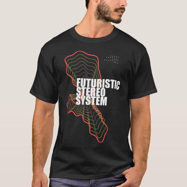 Camiseta Sistema de Som Futurista, design Techno. Presente  (Frente)