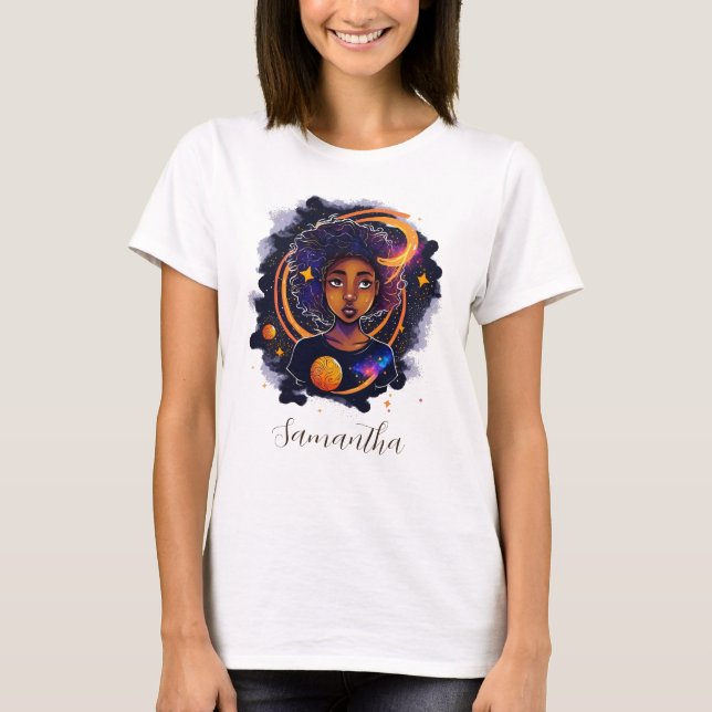 Camiseta Sistema Solar Afro Mulher (Frente)