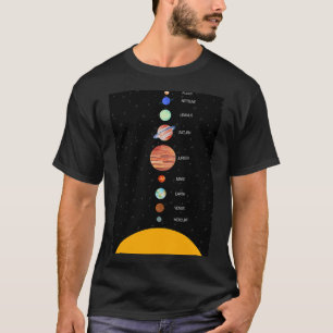 Camiseta Sistema solar com o escrevendo dos nomes dos