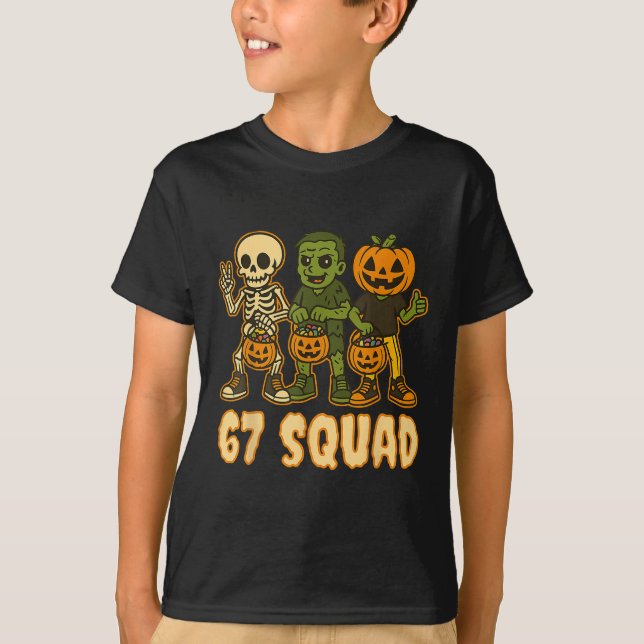 Camiseta Six Seven 67 Squad Skeleton Pumpkin Halloween Boys (Frente)