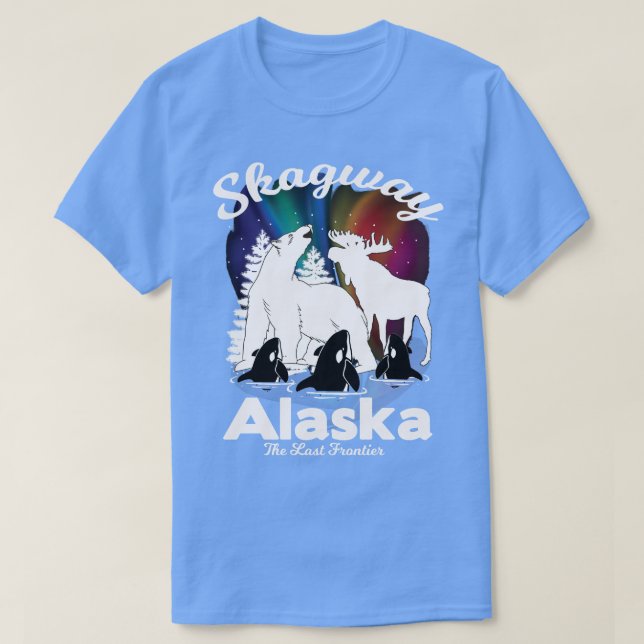 Camiseta Skagway Alaska Aurora Borealis Bear Orca Moose Sou (Frente do Design)