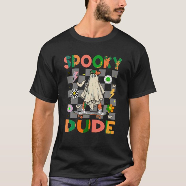 Camiseta Skateboard Boo Ghost Spooky Dude Hippie Halloween (Frente)